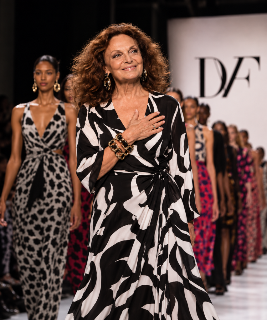 Diane von Furstenberg on the runway during the DVF Spring/Summer 2027 presentation at New York Fashion Week.