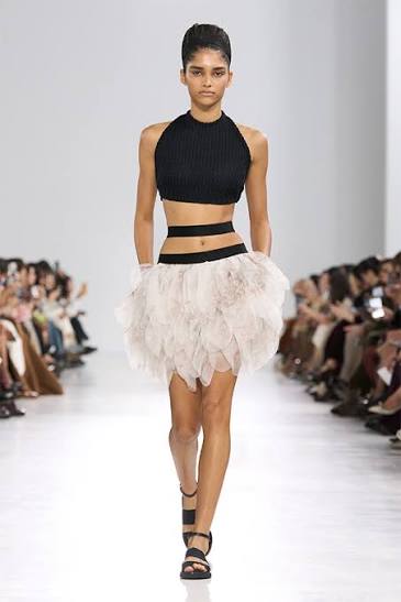 Max Mara Spring/Summer 2027 runway look featuring a black knit top and sculptural feathered skirt.